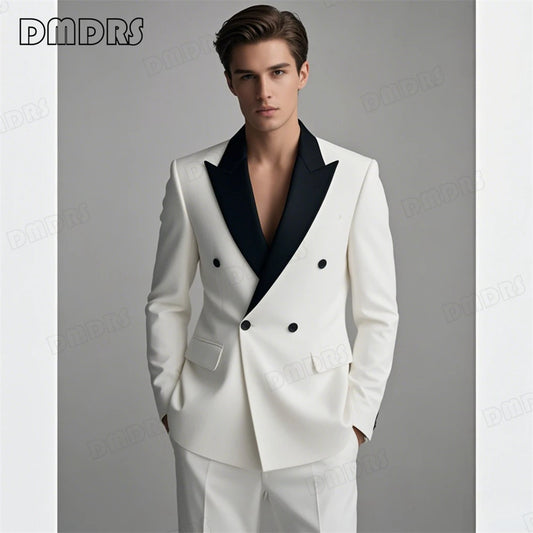 Slim Fitting White Suit Set for Men, Black Collar, 2 Pieces Formal Suits, Wedding Tuxedo, Customized Colors Blazer and Pant Set
