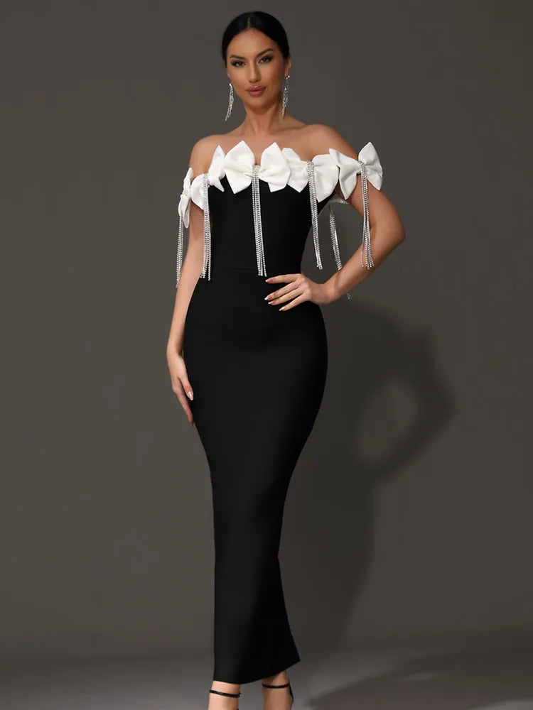 Women Celebrity Sexy Off Shoulder Bow Tie Diamonds Black Maxi Long Bandage Dress 2024 Knitted Elegant Evening Club Party Outfit