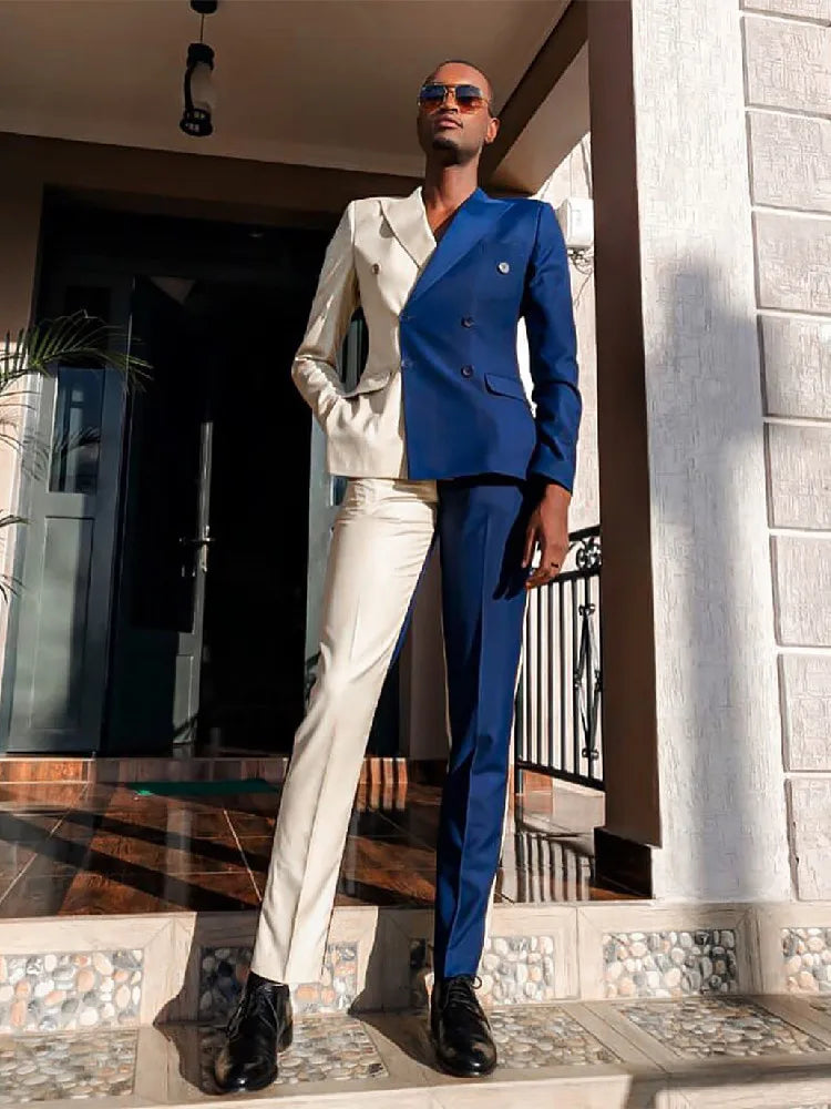 Double Breasted Wedding Men's Suits Tailored Made 2 Pieces Groom Tuxedo Slim Fit Blazer Pants Peaked Lapel Spliced Suit