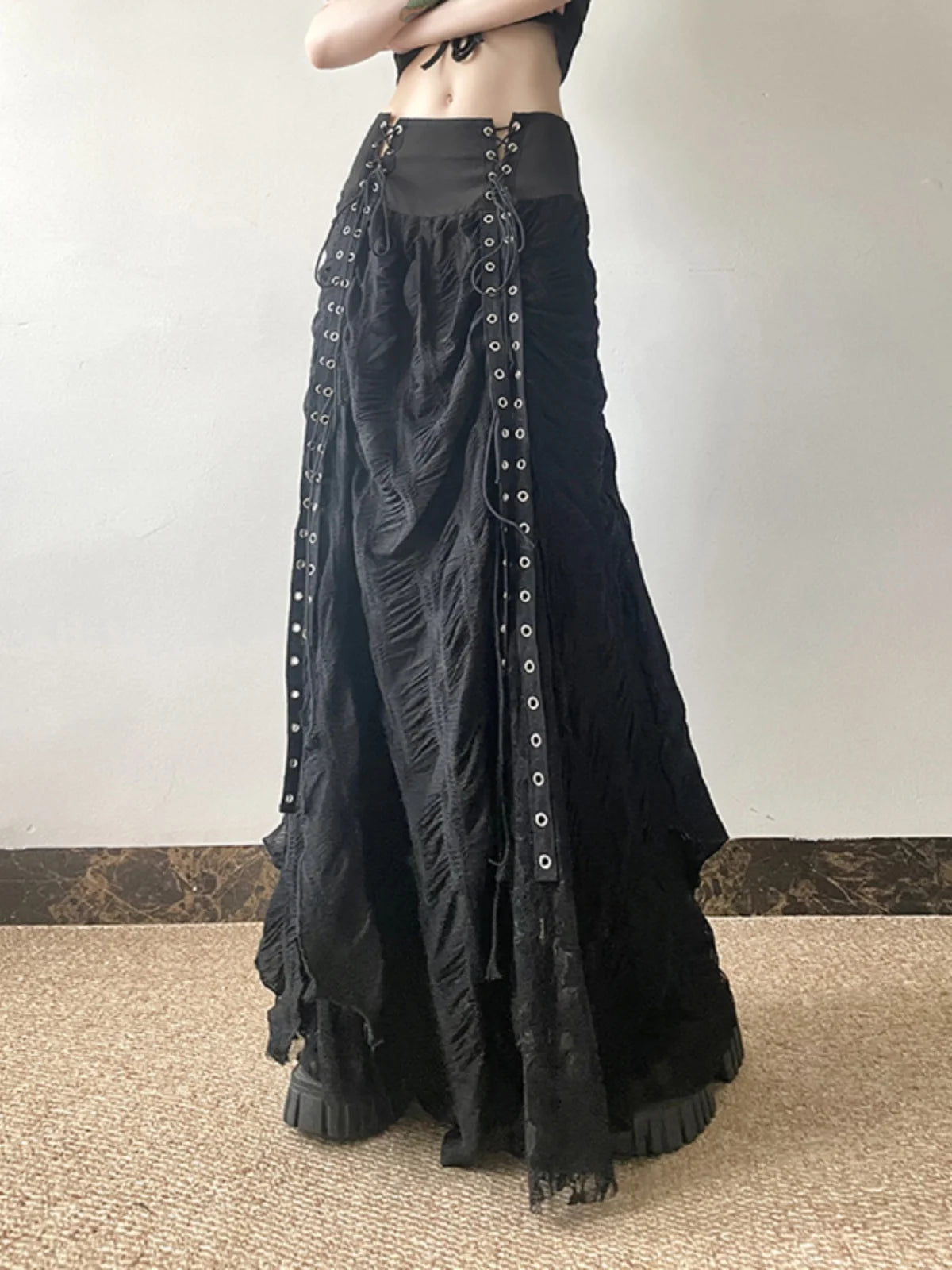 Gothic Long Skirt Bandage Lace Mesh Patchwork High Waist A Line Drawstring Split Black Skirt Irregular Aesthetic Female Fashion