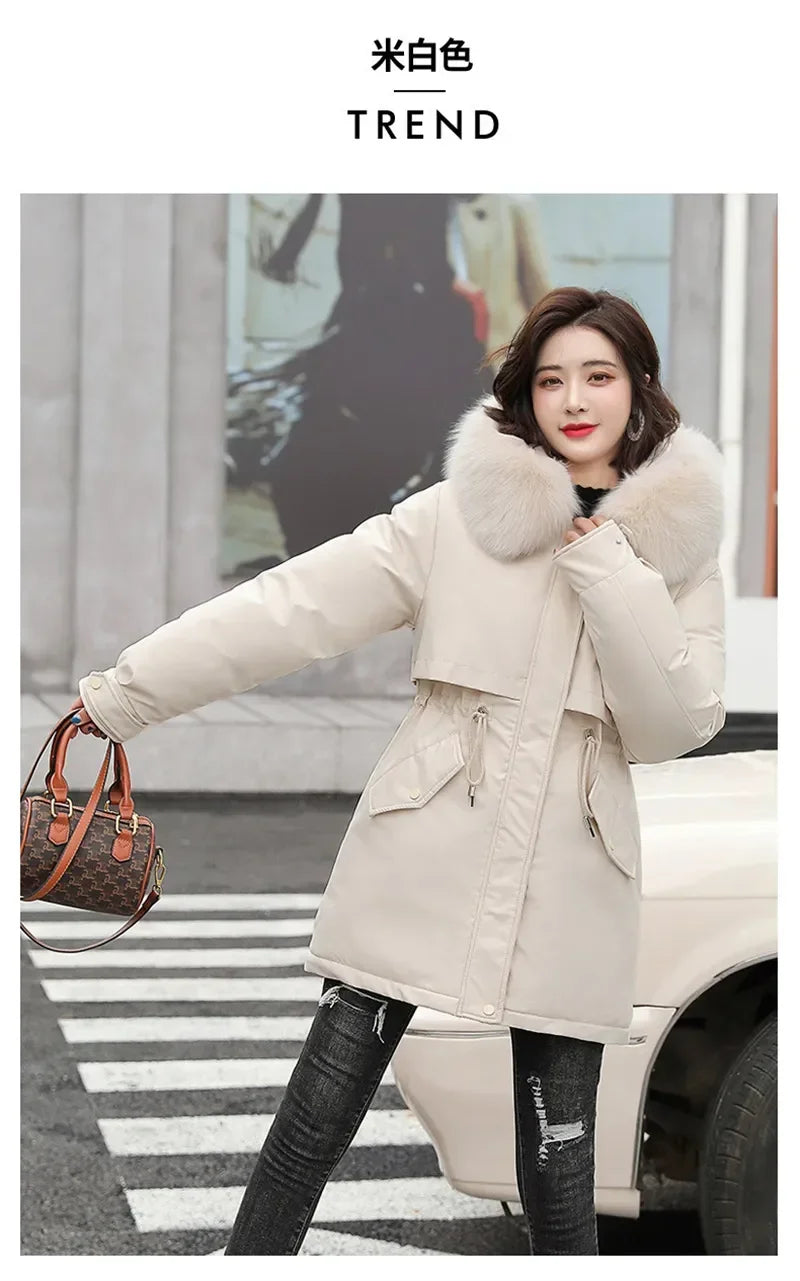 Winter Coat Low Price On Sale Women Beige Add Wool Thick Warmth Fur Hooded Parkas Jacket 2026 New Fashion Belt Slim Cotton Coat