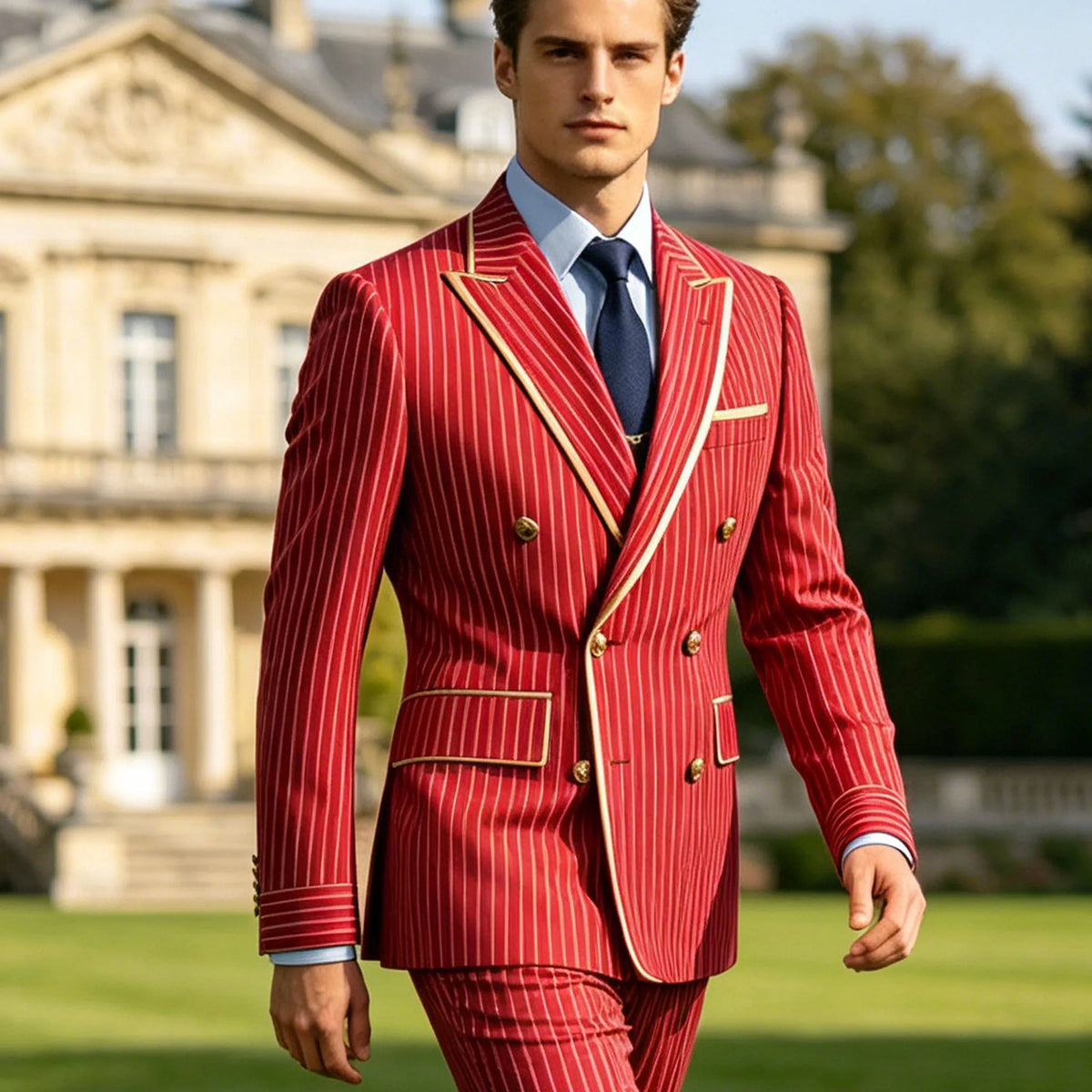 Men's Pinstripe Blazer Double Breasted Slim Fit Peaked Lapel With Gold Trim Formal Suit Jacket  For Groomsman Wedding Prom Hot