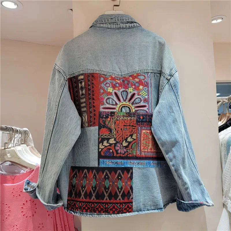 European and American style heavy industry embroidery splicing denim jacket 2025 new print loose casual denim women's jacket top