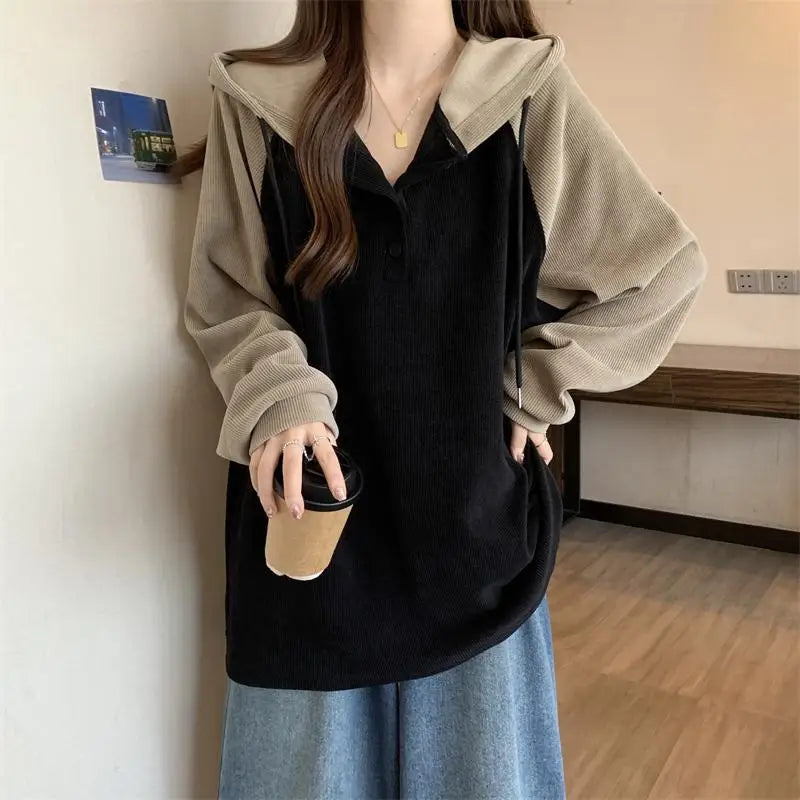 Women Clothing Fashion Casual Long Sleeve Hoodies Spring Autumn Loose Lazy Style Top Tee Office Lady Button Patchwork Pullover