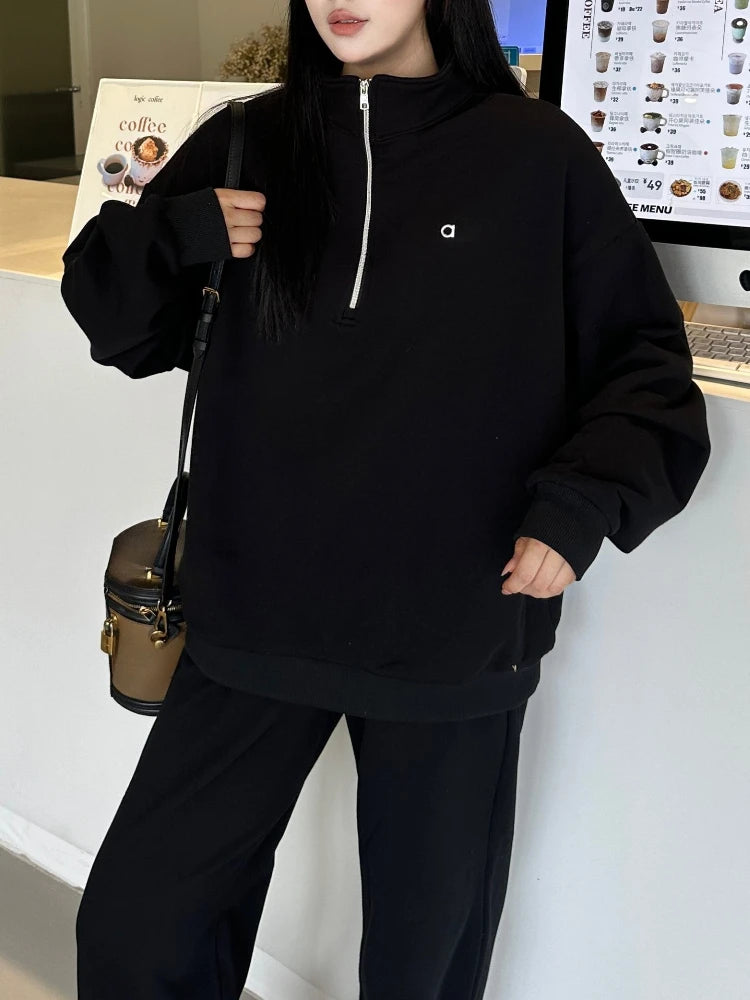 Autumn New Loose Stand Up Collar Pullover Casual Fashion Long-sleeved Gray Zip Sweatshirt Black Sports Fitness Hoodies Women