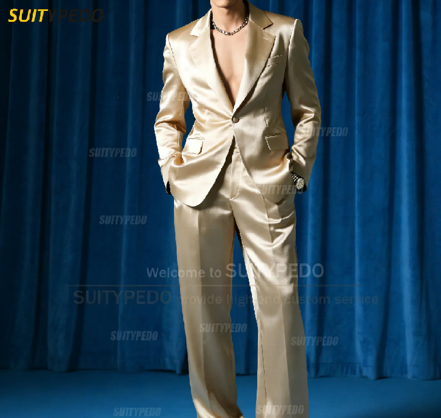 Fashion Royal Blue Satin Party Prom Men's Suit Sets 2 Pcs Blazer And Pants Brief Solid One Button Notch Lapel  Homme Costumes