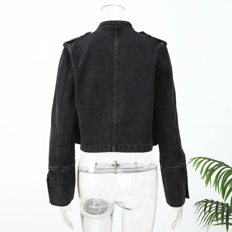 Vintage Denim Military Jacket Women Retro Solid Round Neck Single Breasted Slim Short Jackets 2026 Lady Daily Street Outerwears
