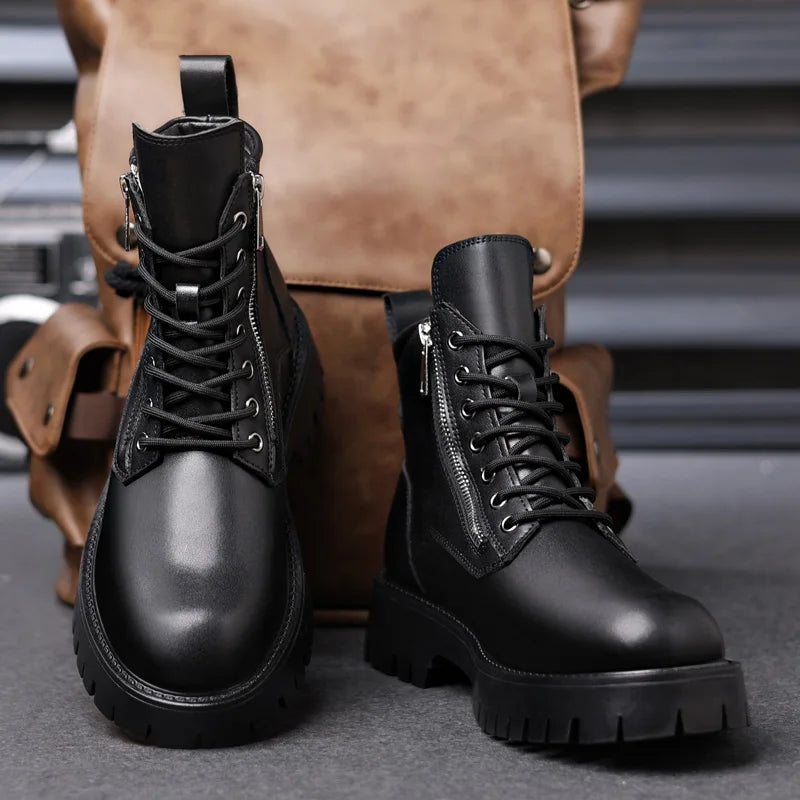 Motorcycle Boots Men's High Top Boots High Quality Mens Leather Shoes Fashion Outdoor Sneakers Men Lace Up Non-Slip Ankle Boots