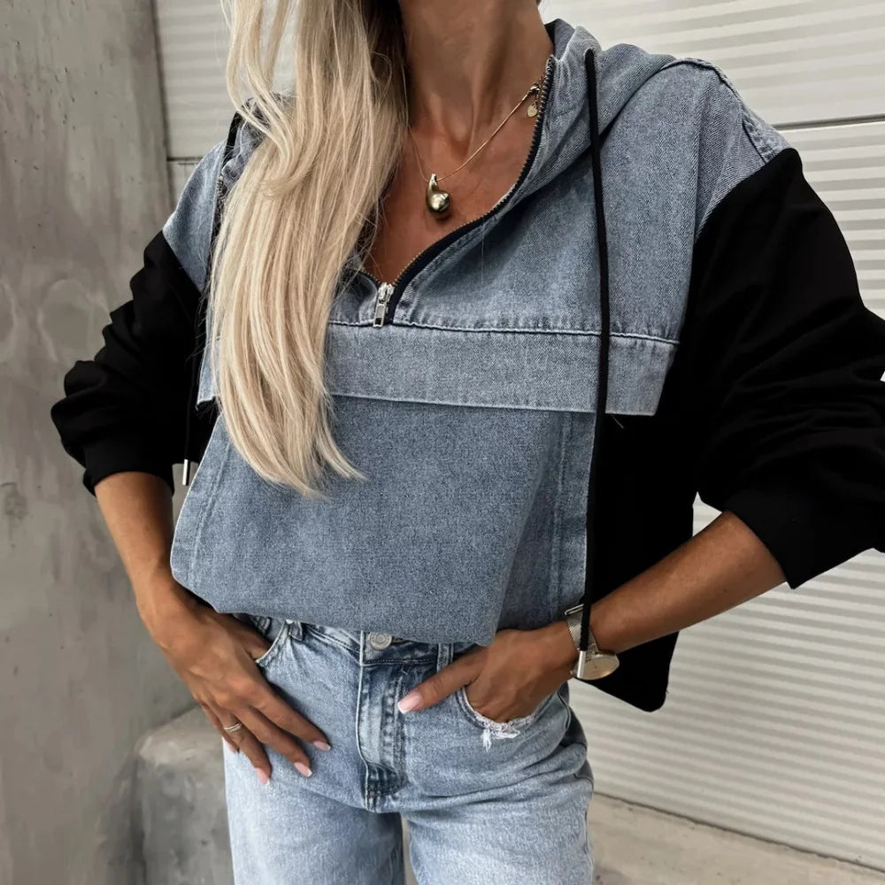 Women Autumn Hoodies Sweatshirt Ladies Long Sleeve Denim Stitching Pullovers Sweatshirts Tops