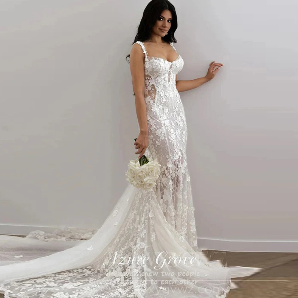 Azure Customized Mermaid Wedding Dress Sweetheart Lace Appliques Flowers Bride Gown Elegant Beach Boho Bride Dress Sexy vestidos