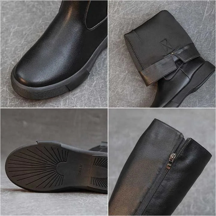 Koznoy 4cm Cow Genuine Leather Microfiber High Top Rubber Knee High Booties Women Chimney Autumn Boots Spring Fashion Shoes
