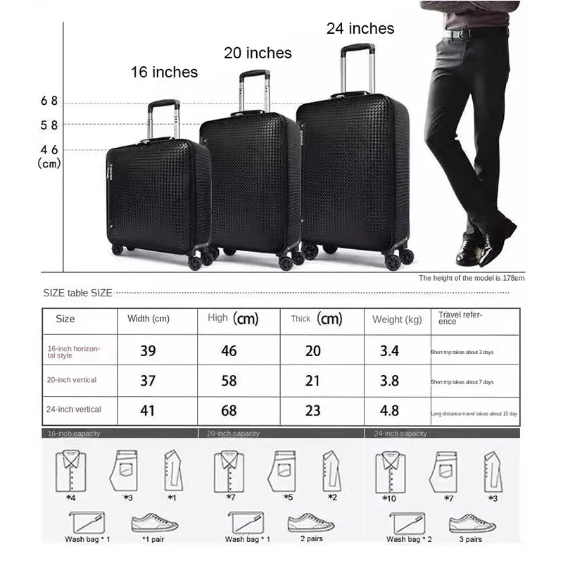 Genuine Leather Trolley Case 20 Inch Men's Business Boarding Suitcase Universal Wheel Luggage Bag 16 Inch Woven Pattern Leather
