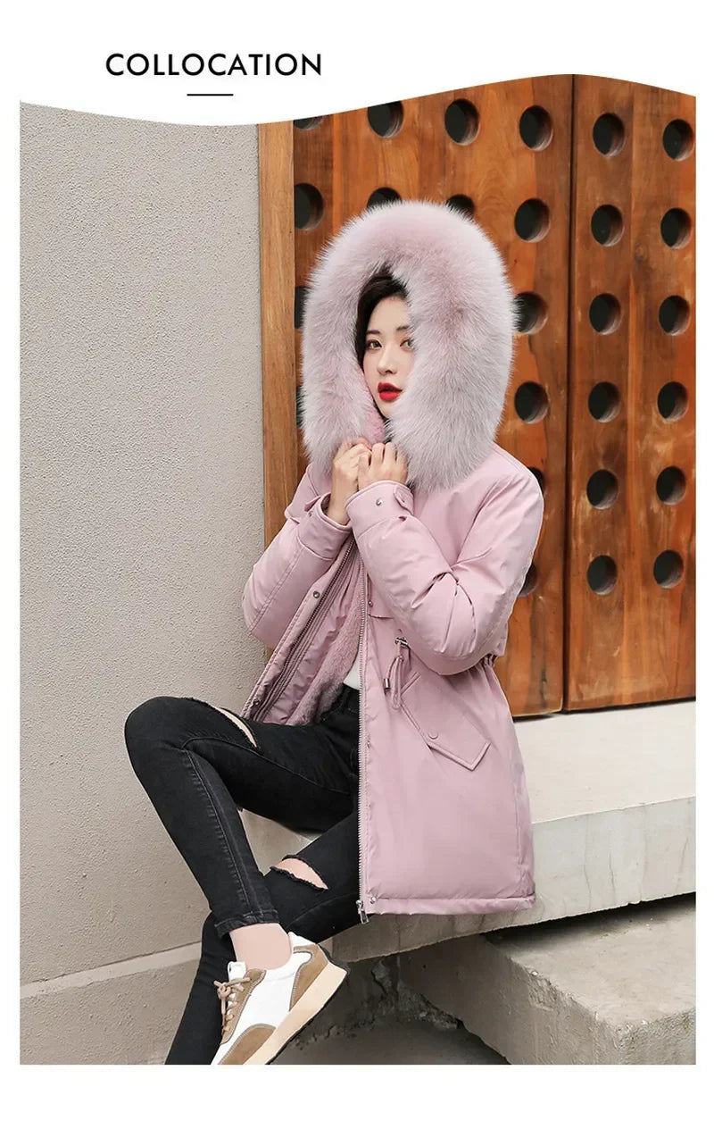 Winter Coat Low Price On Sale Women Beige Add Wool Thick Warmth Fur Hooded Parkas Jacket 2026 New Fashion Belt Slim Cotton Coat