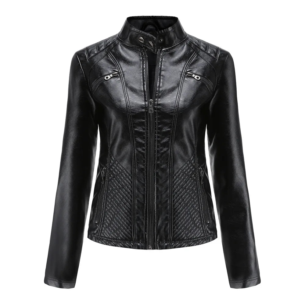 Ladies casual stand-up collar jacket Slim models women's spring and autumn solid color women's leather jacket