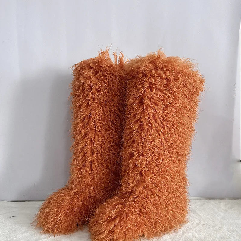 New Over The Knee Fur Boots Women Warm 72CM Long Faux Mongolian Fur Snow Boots Winter Luxury Fluffy Shoes Plush Platform Shoes