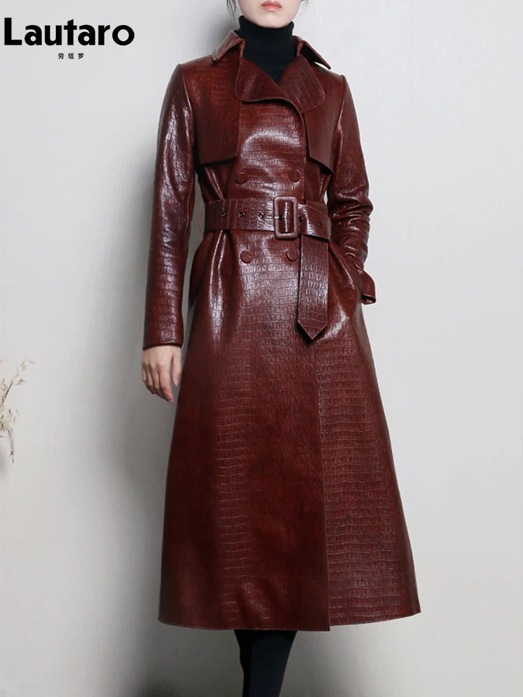 Lautaro Autumn Long Shiny Reflective Patent Faux Leather Trench Coat for Women Belt Double Breasted Luxury Designer Clothes 2023