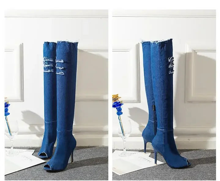 Summer Autumn Thigh High Boots Women Fashion Peep Toe Over The Knee Boots Blue Denim Jeans Zipper Long Boots Shoes Ladies