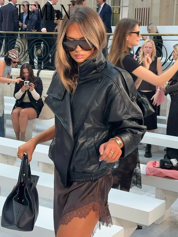 TFMLN 2026 Winter Women Faux Leather Loose Jacket High Street Stand Collar Long Sleeve Coat Fashion Zipper Thicken Outwear