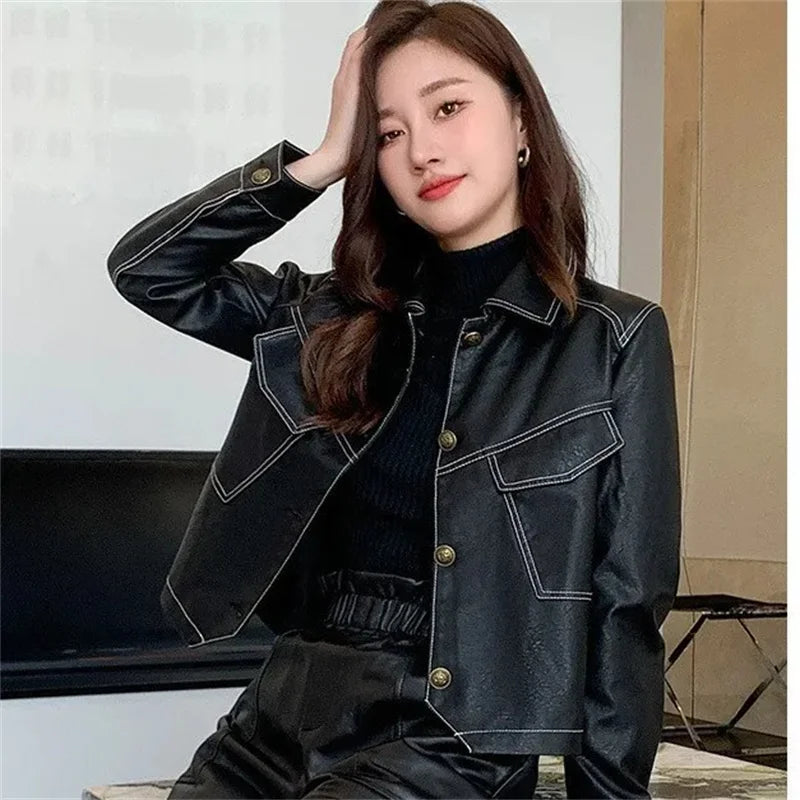 2026 Short PU Leather Coat Women's Spring Autumn New Jacket Ladies Fashion Outerwear Western Style Lapel Overcoat Leather Jacket