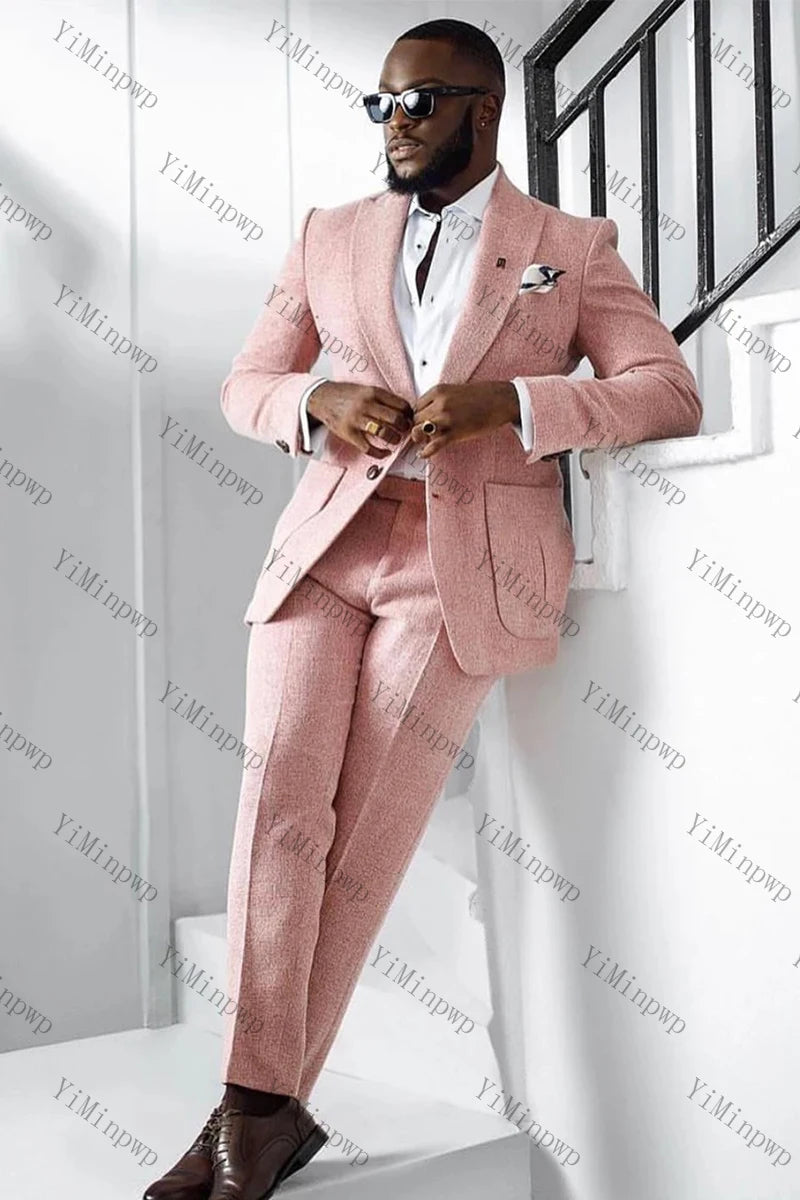 YiMinpwp Pink Textured Men's 2 Piece Single Button Suit Slim Fit for Wedding Herringbone Tailored Gala Dinner & Prom XS-5XL