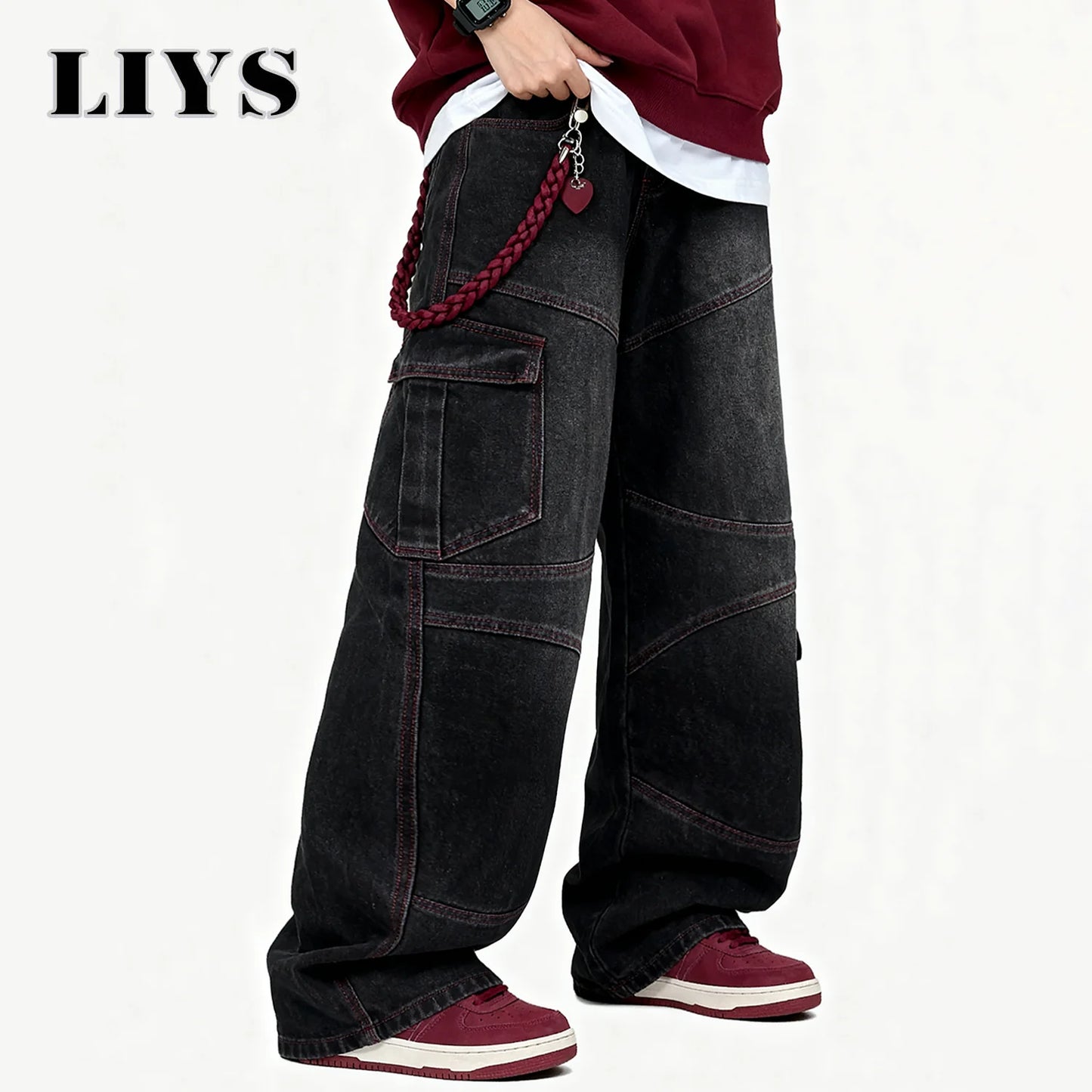 Men's American Street Retro Deconstruction Loose Wide Leg Jeans Unisex Baggy Men's Clothes Multi Pocket Skateboard Pants Jeans