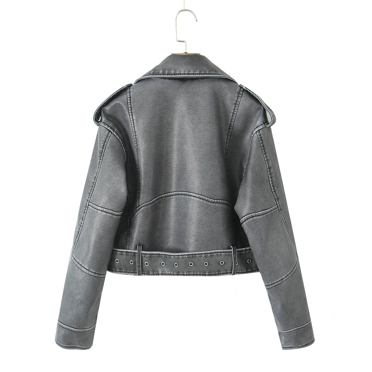 Women Autumn Winter Loose Gray PU Faux Leather Short Jackets Belt Female High Street Zipper Retro Moto Biker Coats Outwear XS-XL