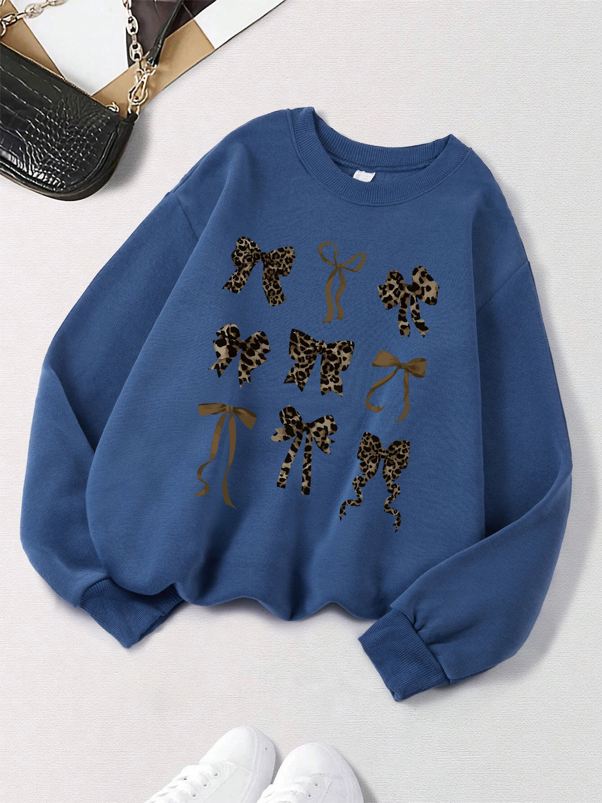 Retro Leopard Print Bow Printed Women Hoodies All-Match Comics Hoody Fleece Casual Clothes Street Hip Hop Pullover Woman
