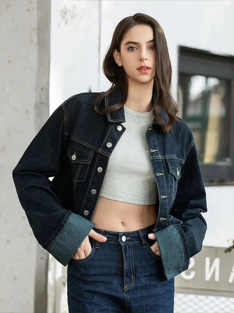 HH Denim Jacket For Women Vintage Single Breasted Lapel Long Sleeve Jackets Fashion Female High Street Outerwear Denim Coats