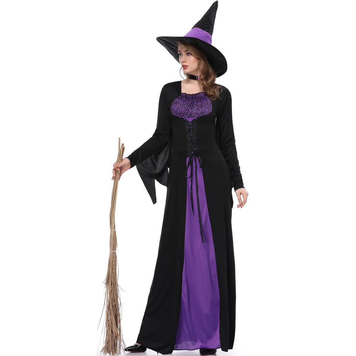 Womens Halloween Witch Costume Purple Black Long Dress Gothic Sorceress Gown Bell Sleeve Lace Up Cosplay Parties  Fancy Outfits