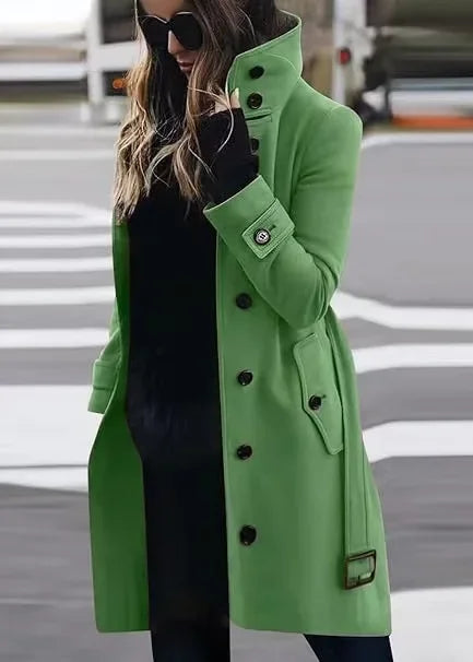 Women Autumn Winter  Wool Coat Blends Overcoat Solid Color Button Turtleneck Long Sleeve Casual Fashion  Winter Coat Regular