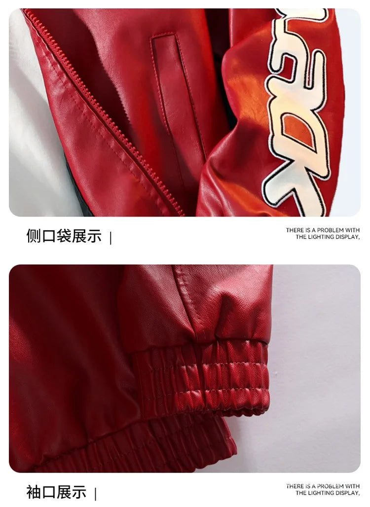 Fashion Leather Jacket Men Motorcycle Biker Jacket Man Original Patchwork Coat Baggy Letter Embroidery Designer Clothes Red