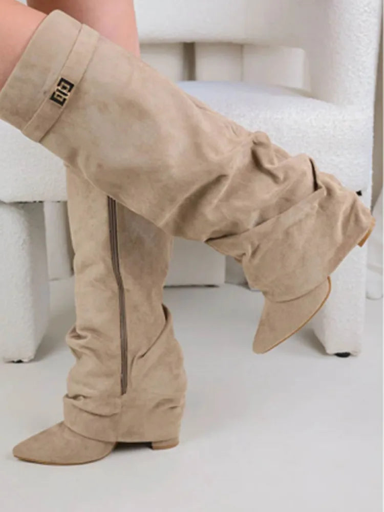 Autumn and Winter New Pointed Metal Buckle Knee High Women's Boots, Thick High-heeled Pants Boots, Fashionable Mid Leg Boots
