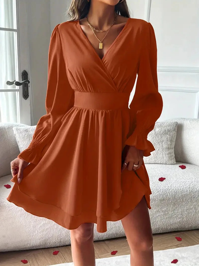 Dresses 2025 Woman Clothing V Neck Lantern Sleeve Wrap Mini Dress Ruched High Waist Elegant For Autumn Party Dress Vestidos