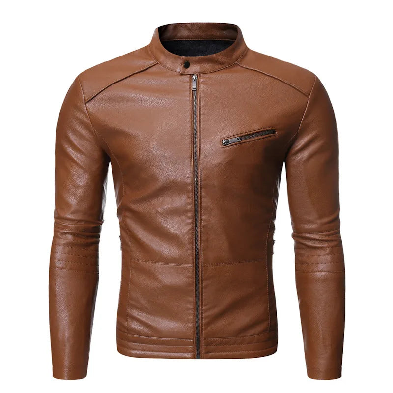 Men's Motorcycle Leather Jacket Autumn Winter Stand Collar Biker Jacket Korean Fashion PU Leather Coat Slim Fit Men's Outerwear