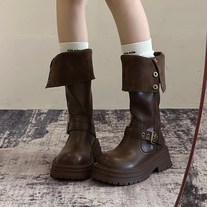 Winter Vintage Platform Thick Sole Woman Knight High Boots Concise Belt Buckle Front zipper Shoes Ladies Slim Modern Long Botas