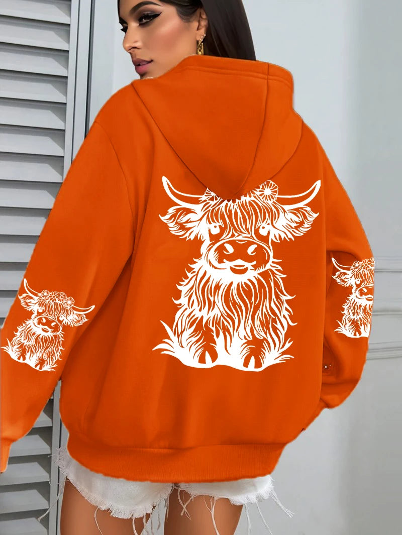 Cute Hair Cow Cartoon Printing Hoodies Womens Fleece Autumn Streetwear Comfortable Casual Hoodie Y2K Pocket All-Match Hoody