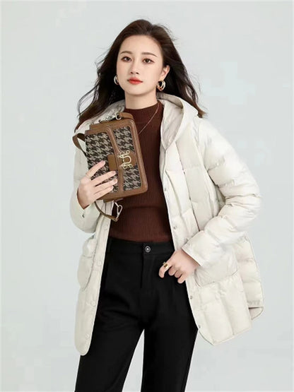 Autumn Winter Women Mid-Long Hooded Puffer Coat Ultra Light White Duck Down Jacket Female Single Breasted Parkas