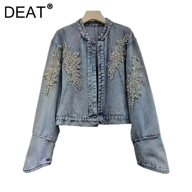DEAT Women's Denim Coat Stand Collar Luxury Diamonds Shiny Female Buttonless Short Jackets 2026 Summer New Fashion 29A376