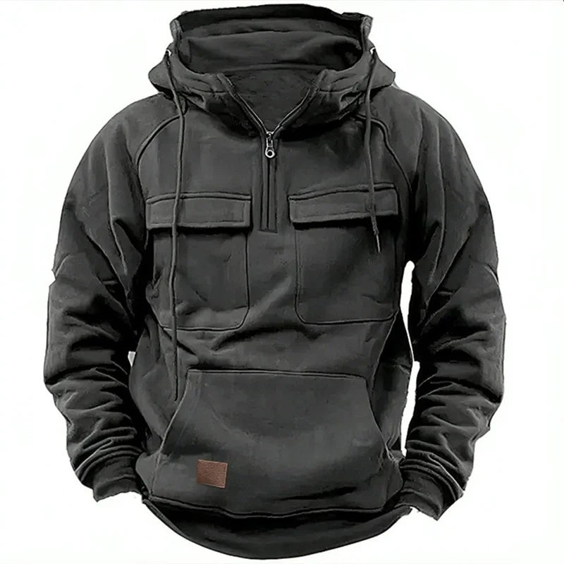 Autumn Winter Hoodies Men half-zip Patchwork Warm Fleece Sweatshirts Multi Pockets Male Fashion casual pullover Outdoor Hoodie