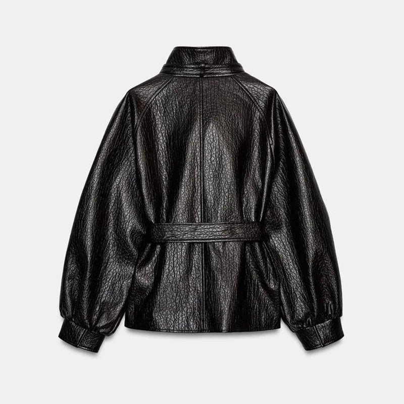 Casual Leather Jackets Women High Neck Long Sleeves Single Breasted Belts Loose Pu Coats Female 2026 Autumn New Chic Outwears