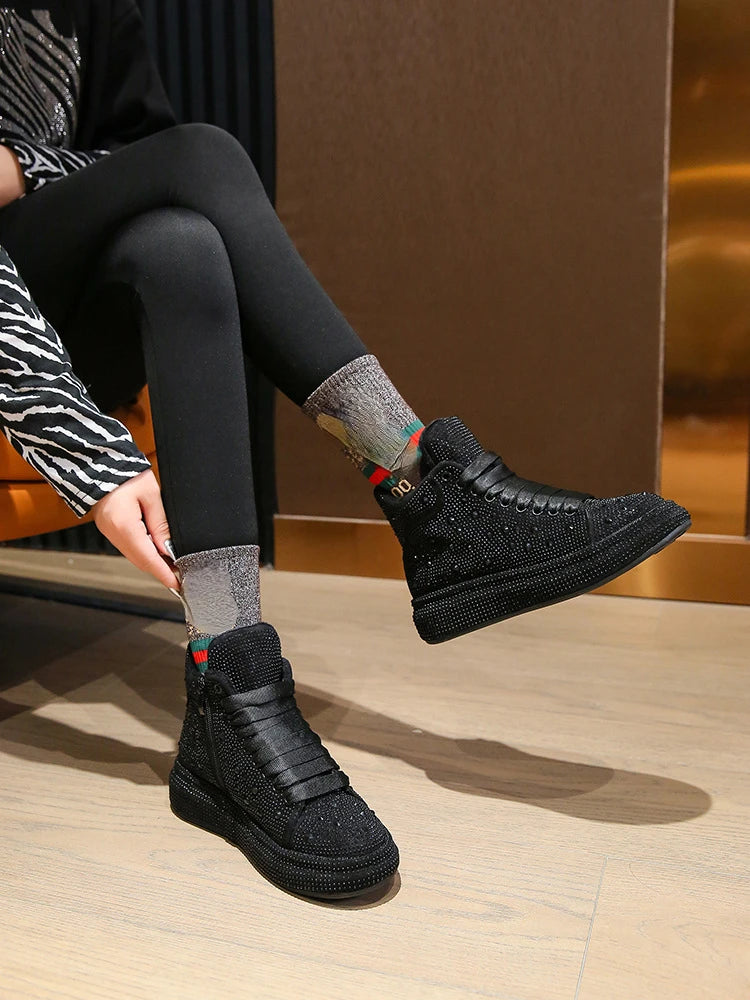 Diamond Elegant Boots and Ankle Boots for Women Winter Bottom Women's Snow Boots Round Toe Thick Bottom Warm Flashing Shoes