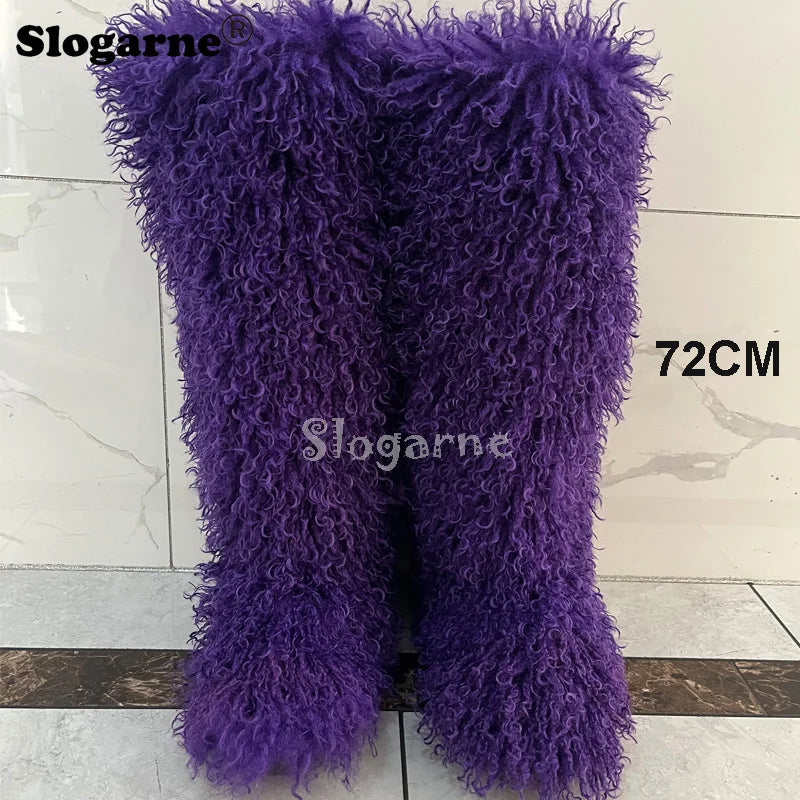 New Over The Knee Fur Boots Women Warm 72CM Long Faux Mongolian Fur Snow Boots Winter Luxury Fluffy Shoes Plush Platform Shoes