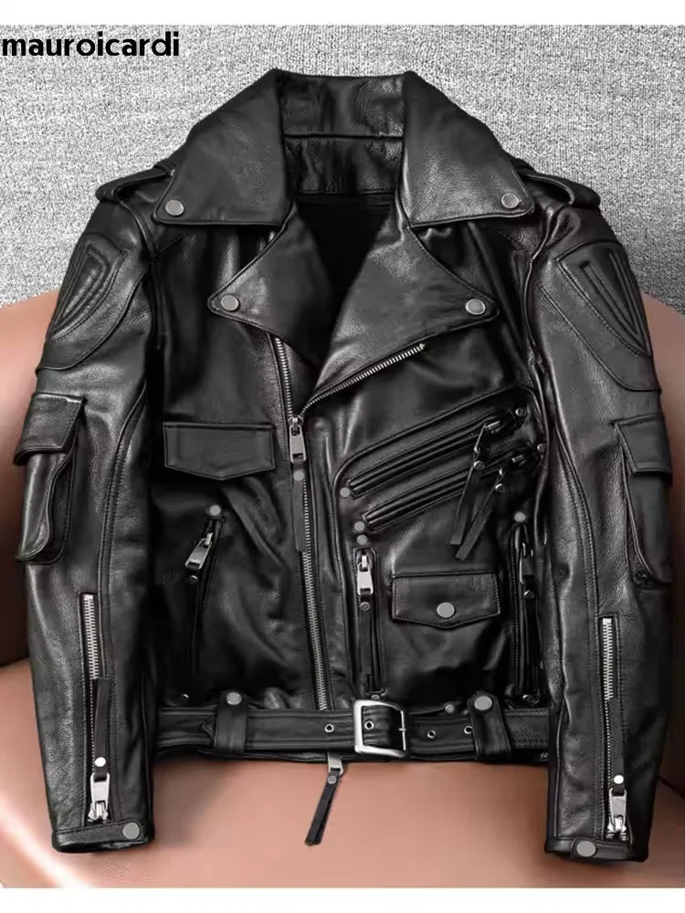 Mauroicardi Spring Autumn Cool Hard Black Pu Leather Motorcycle Biker Jacket Men Belt Zipper Luxury Designer Fashion Clothes