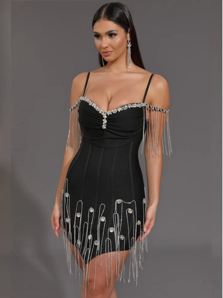 Women Celebrity Sexy Beading Crystal Black White Mini Bodycon Bandage Dress 2024 Knitted Elegant Evening Club Party Outfit