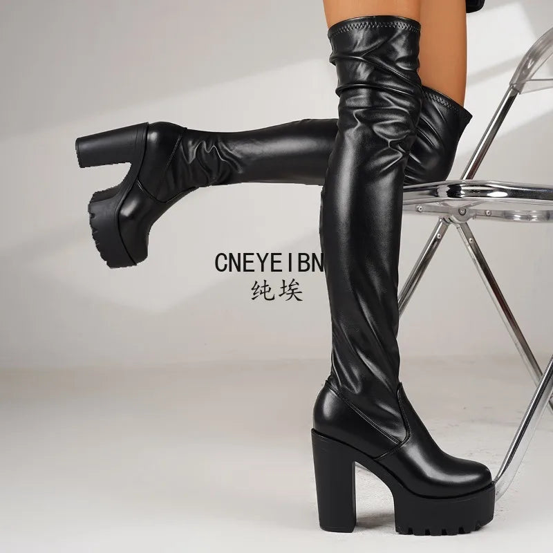 Women Platform Thigh High Over The Knee Boots Round Toe Chunky High Heel Side Zipper Leather Party Club Wear Stretch Long Boots