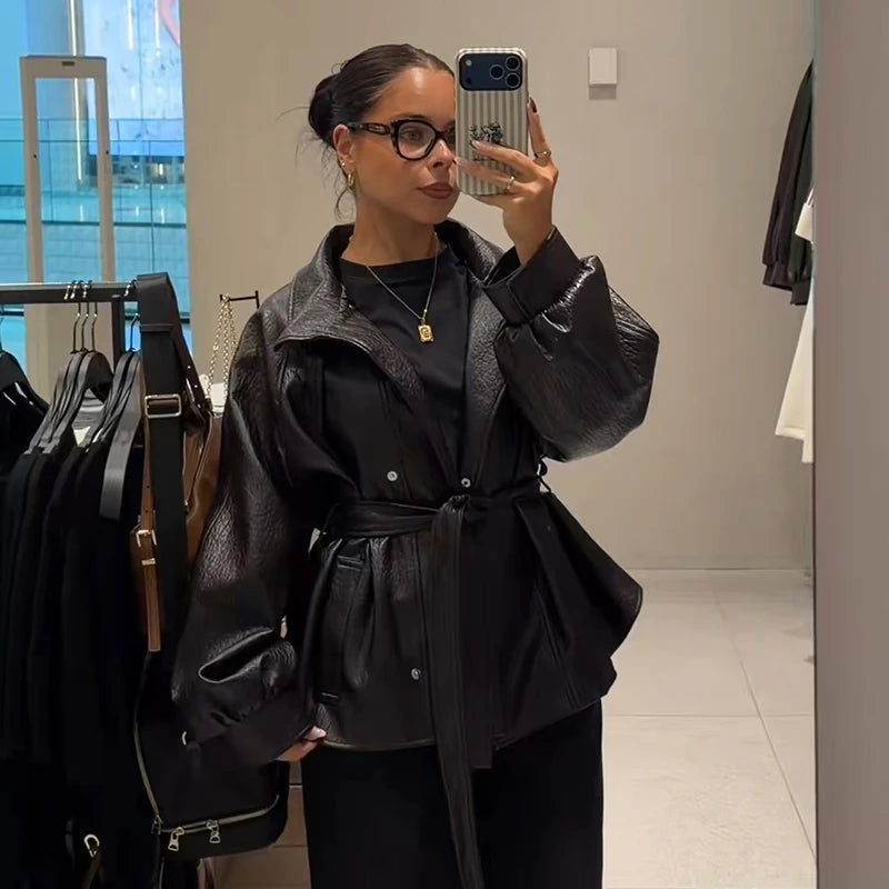 Casual Leather Jackets Women High Neck Long Sleeves Single Breasted Belts Loose Pu Coats Female 2026 Autumn New Chic Outwears