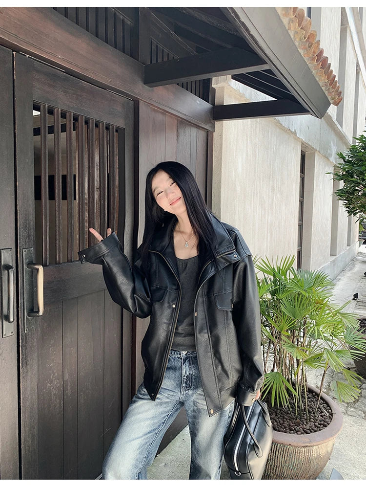 Lautaro Spring Winter Cool Oversized Thicken Warm Black Hard Pu Leather Jacket Women Long Sleeve High Quality American Clothing