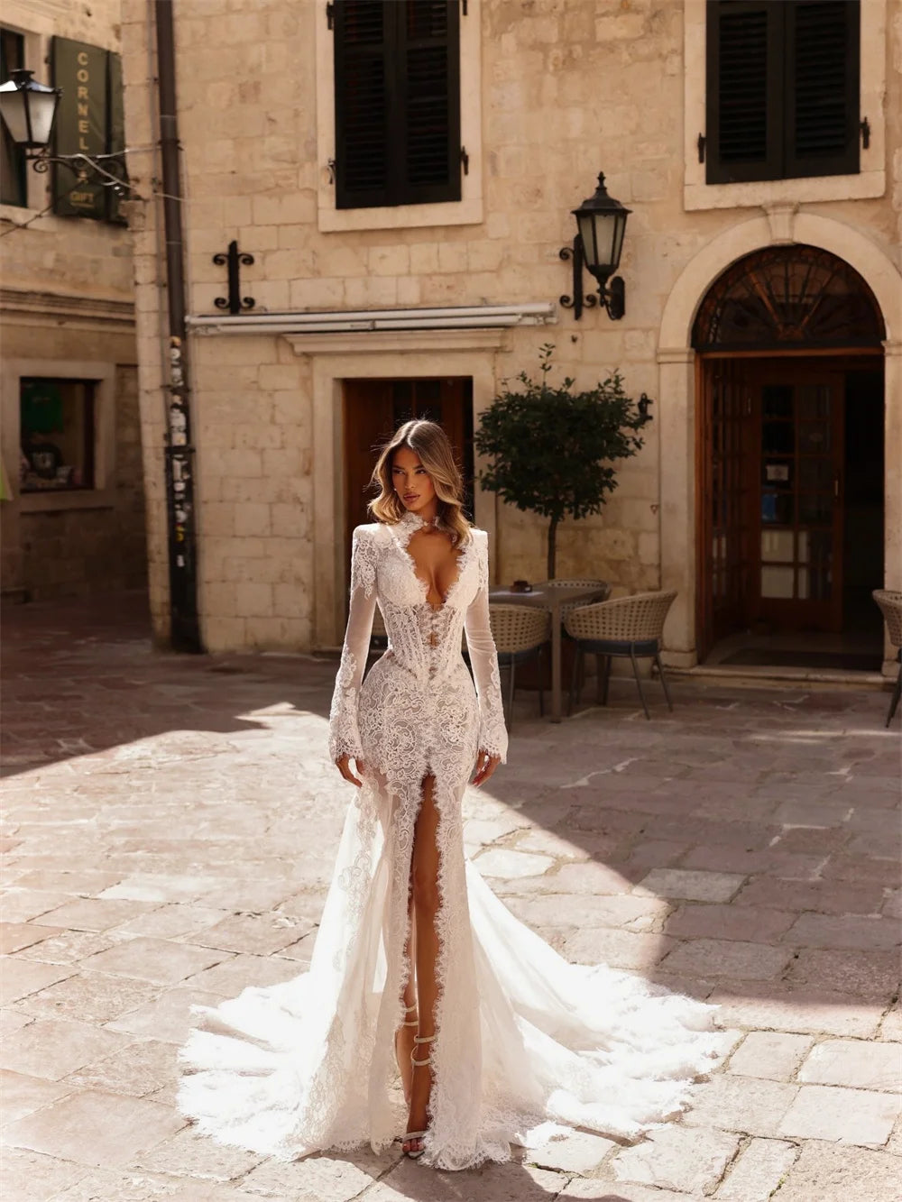 Tokyo Sheer Lace Deep V Neck Boho Wedding Dress High Front Slit Long Sleeves Bridal Gown Outdoor Ceremony Floor Length Sexy Wear