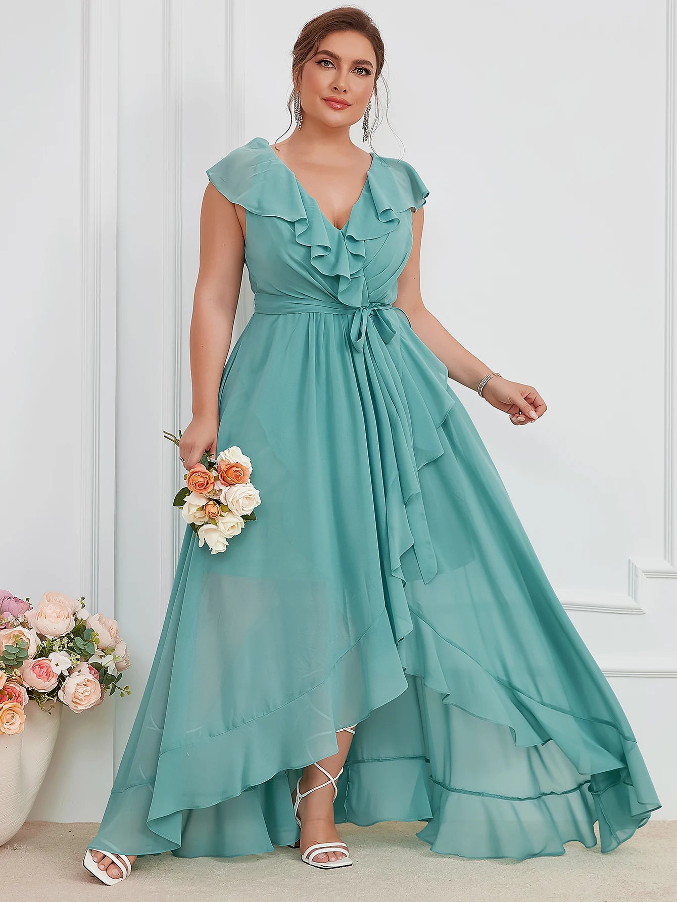 Unithorse Plus Size Women Summer Asymmetric Ruffle Lace Dress With Waist Belt Elegant Chiffon Formal Bridesmaid Dress