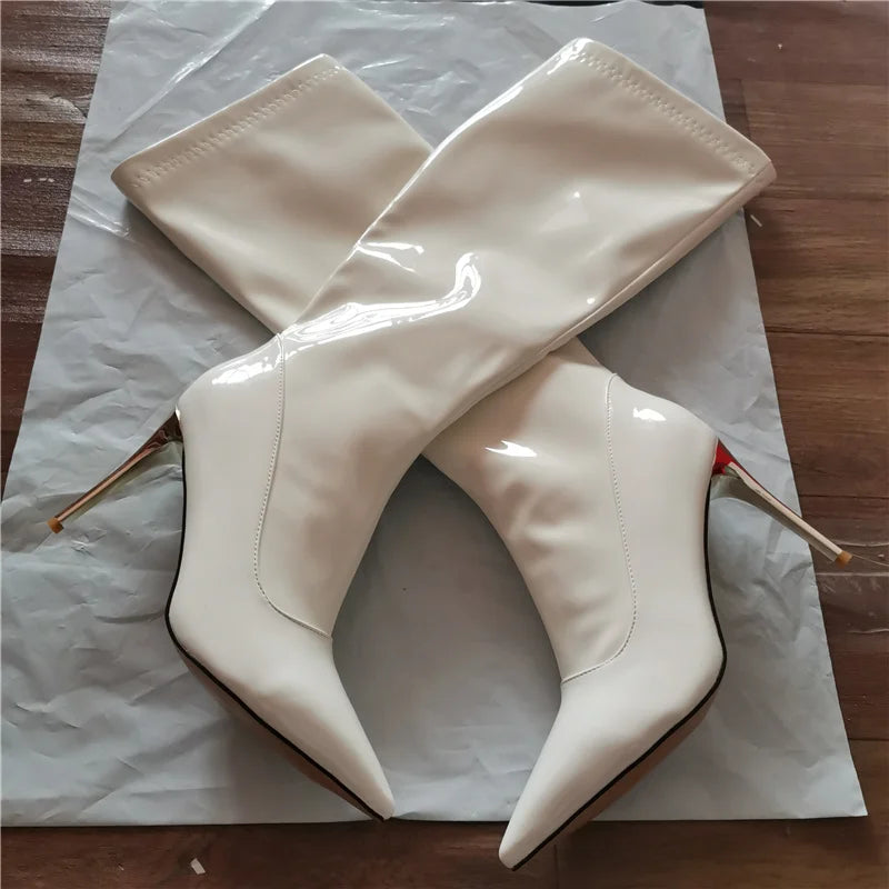 Women High Boots Sexy Zipper Black Red White Knee High Boot Thin Heels Patent Women's Autumn Winter Dance Shoes Large Size 45 48